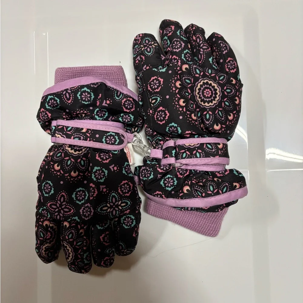 Kids Floral Winter Gloves - Pink & Black